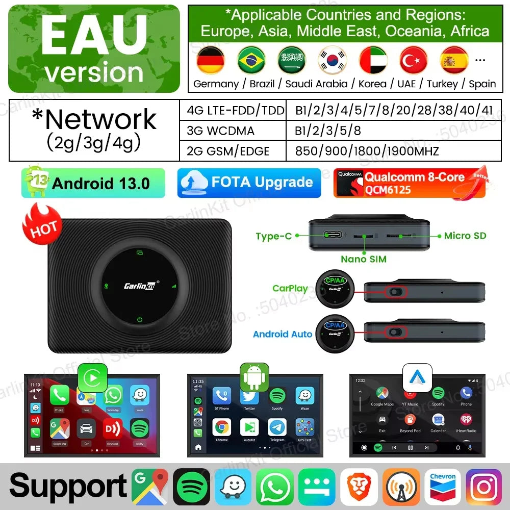 Android 13 CarlinKit Wireless CarPlay AI Box – 8-Core, 64/128GB for Netflix & YouTube