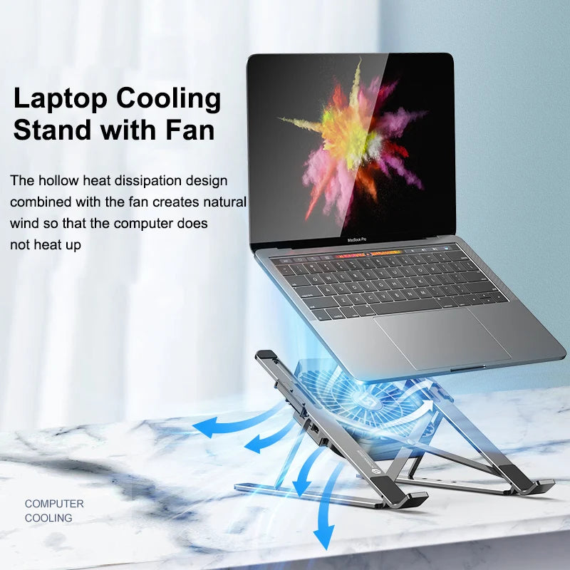 Portable Aluminum Laptop Cooling Stand – Foldable Adjustable with Fan (Up to 17")