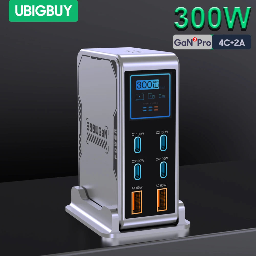 Ubigbuy 300W GaN Charger – 6-Port USB-C PD 100W Fast Charging Station with Display