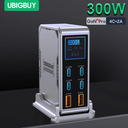 Ubigbuy 300W GaN Charger – 6-Port USB-C PD 100W Fast Charging Station with Display