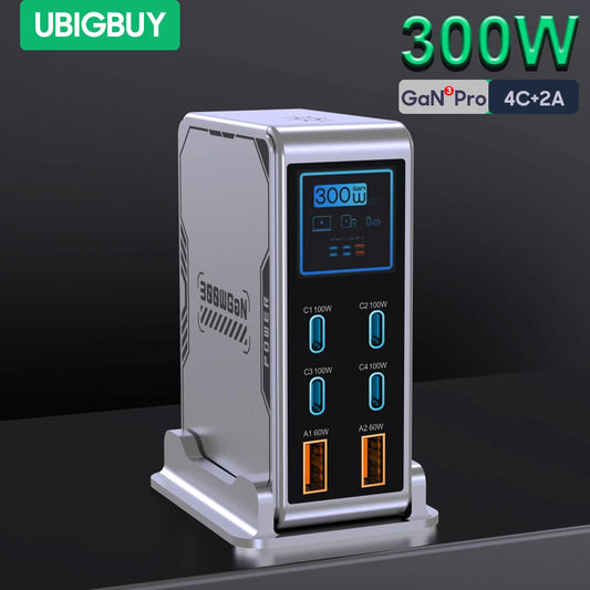 Ubigbuy 300W GaN Charger – 6-Port USB-C PD 100W Fast Charging Station with Display