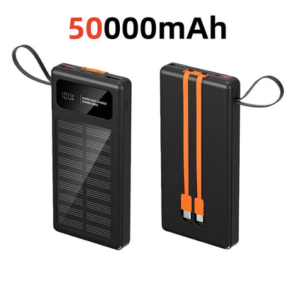 500000mAh Solar Power Bank – 120W Fast Charge with Built-in Cables for iPhone & Android