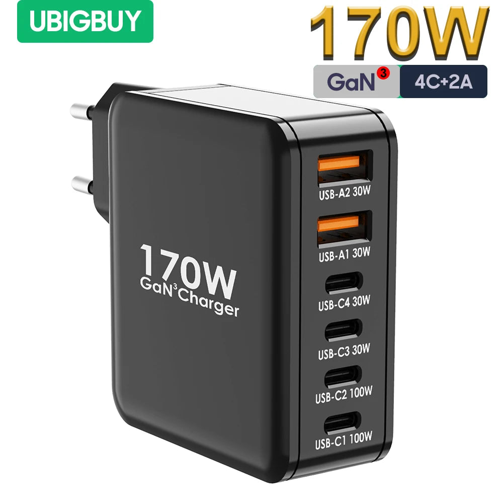 Ubigbuy 170W USB-C GaN Charger – 6-Port Fast Charging Station for MacBook & Phones