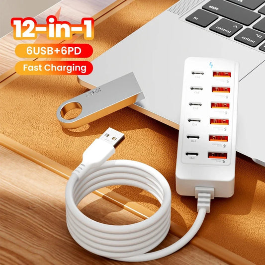 12-in-1 USB Charging Station – 6 USB & 6 PD Type-C Ports for Phones & Accessories