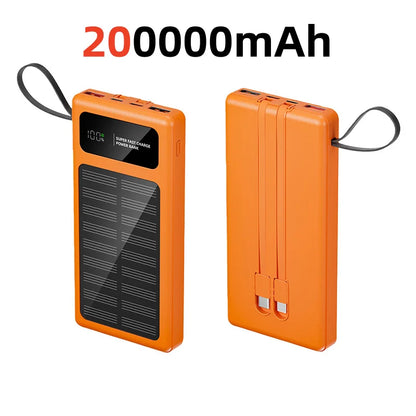 500000mAh Solar Power Bank – 120W Fast Charge with Built-in Cables for iPhone & Android