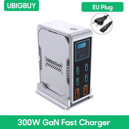Ubigbuy 300W GaN Charger – 6-Port USB-C PD 100W Fast Charging Station with Display