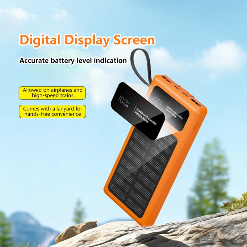 500000mAh Solar Power Bank – 120W Fast Charge with Built-in Cables for iPhone & Android
