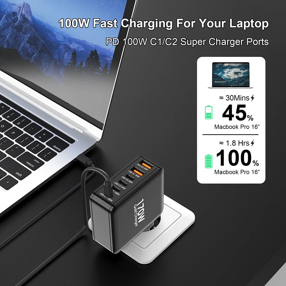 Ubigbuy 170W USB-C GaN Charger – 6-Port Fast Charging Station for MacBook & Phones