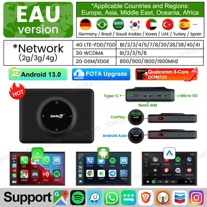 Android 13 CarlinKit Wireless CarPlay AI Box – 8-Core, 64/128GB for Netflix & YouTube