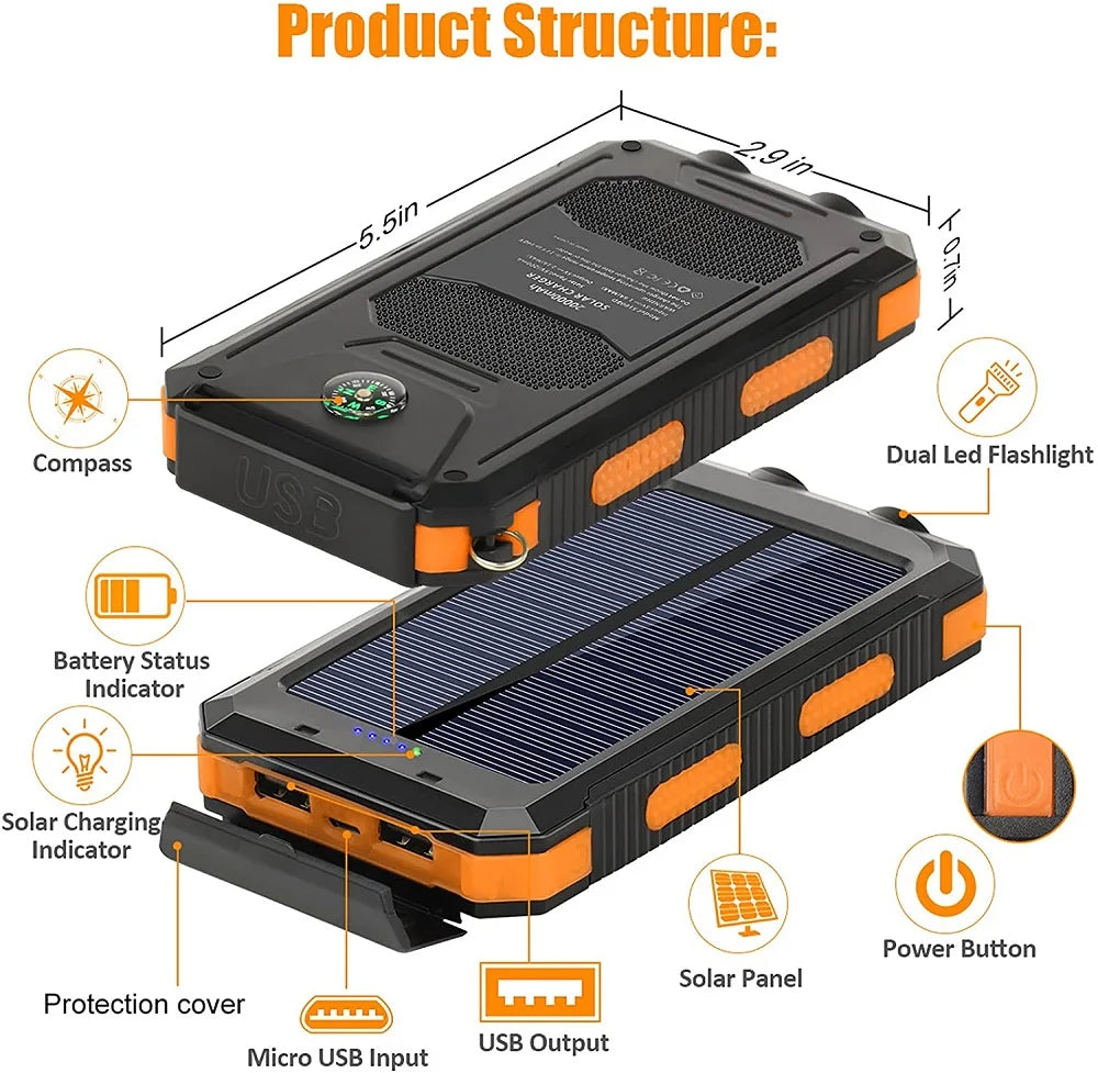 Solar Power Bank 80000mAh – Portable Charger with LED Light for Smartphones