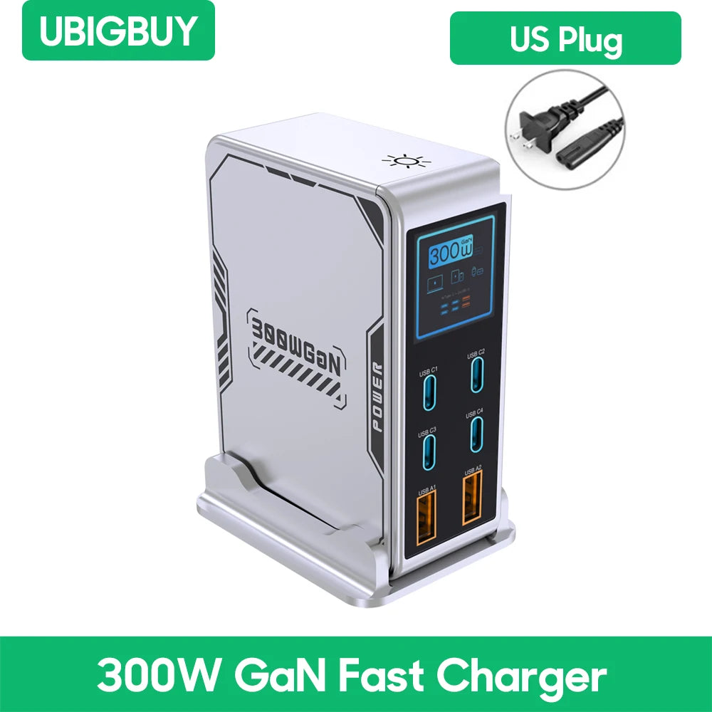 Ubigbuy 300W GaN Charger – 6-Port USB-C PD 100W Fast Charging Station with Display