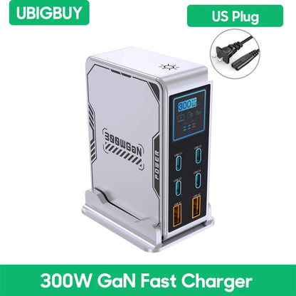 Ubigbuy 300W GaN Charger – 6-Port USB-C PD 100W Fast Charging Station with Display