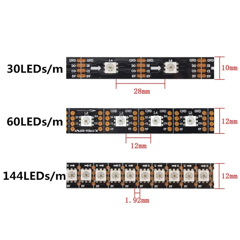 Addressable APA102/SK9822 LED Strip – 5V RGB Pixel Smart Light 30–144 LEDs/m