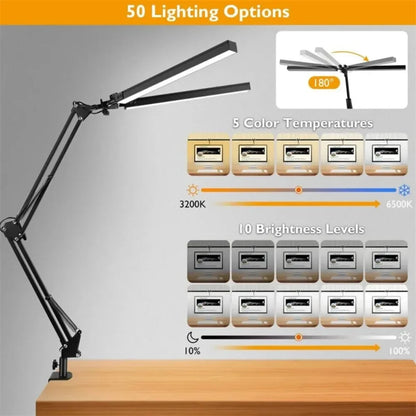 Double Head LED Desk Lamp – Adjustable Eye-Caring Light with Clamp