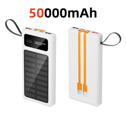 500000mAh Solar Power Bank – 120W Fast Charge with Built-in Cables for iPhone & Android
