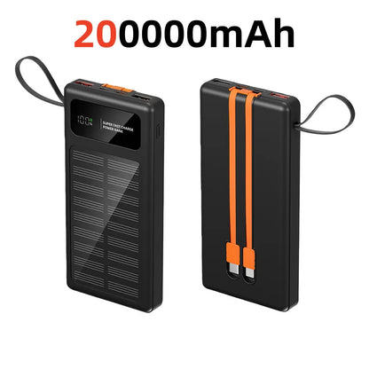 500000mAh Solar Power Bank – 120W Fast Charge with Built-in Cables for iPhone & Android