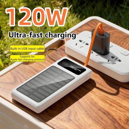500000mAh Solar Power Bank – 120W Fast Charge with Built-in Cables for iPhone & Android
