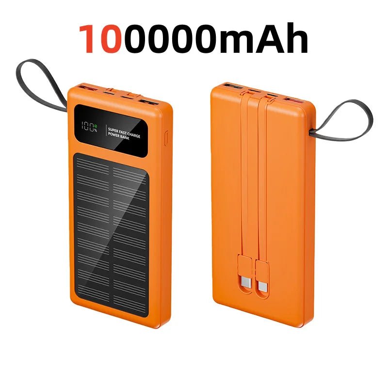 500000mAh Solar Power Bank – 120W Fast Charge with Built-in Cables for iPhone & Android