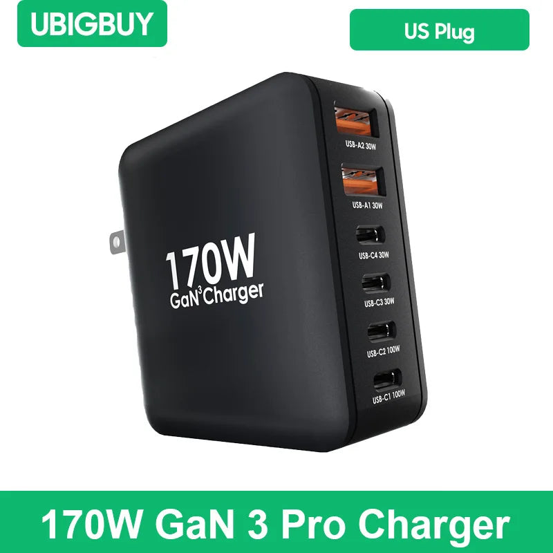 Ubigbuy 170W USB-C GaN Charger – 6-Port Fast Charging Station for MacBook & Phones