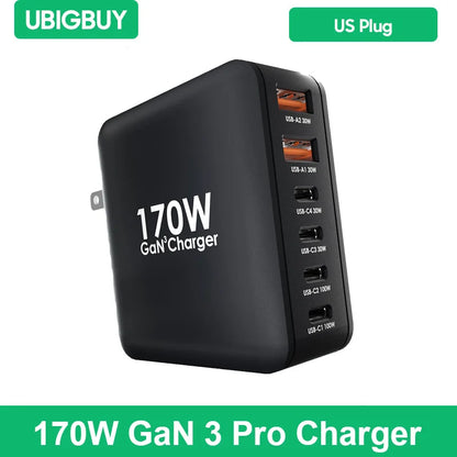 Ubigbuy 170W USB-C GaN Charger – 6-Port Fast Charging Station for MacBook & Phones