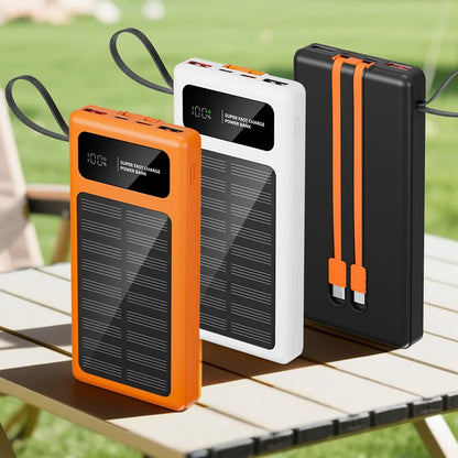 500000mAh Solar Power Bank – 120W Fast Charge with Built-in Cables for iPhone & Android