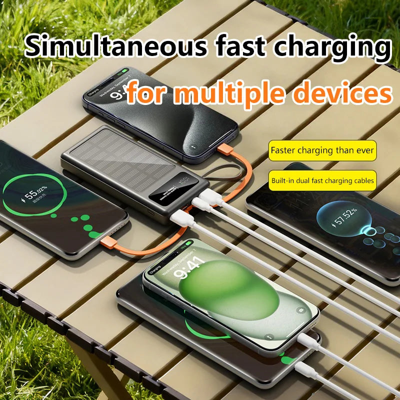 500000mAh Solar Power Bank – 120W Fast Charge with Built-in Cables for iPhone & Android