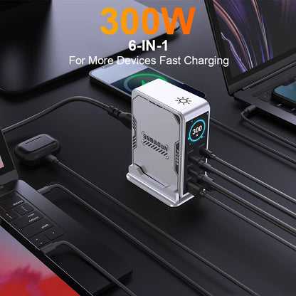 Ubigbuy 300W GaN Charger – 6-Port USB-C PD 100W Fast Charging Station with Display