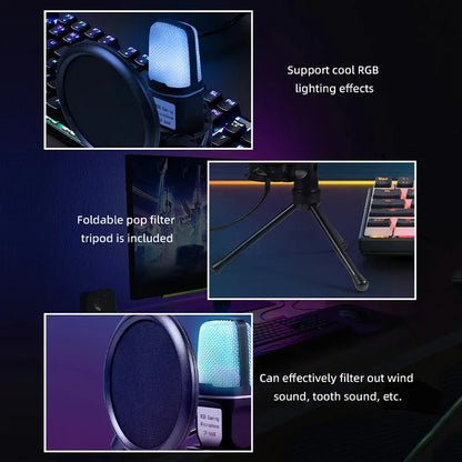 RGB USB Condenser Microphone – Noise Reduction for Gaming, Podcast & Streaming
