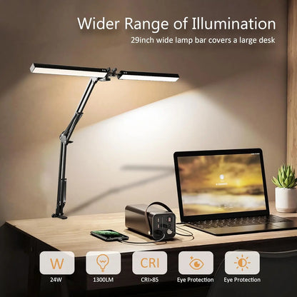 Double Head LED Desk Lamp – Adjustable Eye-Caring Light with Clamp