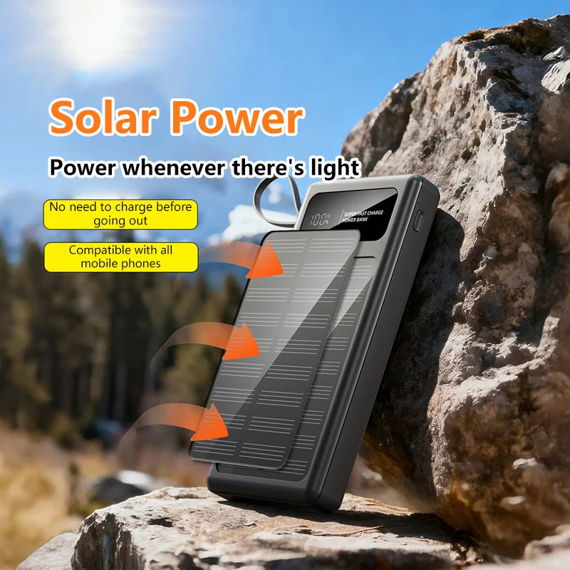 500000mAh Solar Power Bank – 120W Fast Charge with Built-in Cables for iPhone & Android