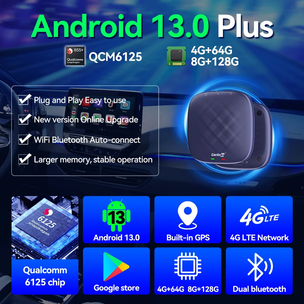 Android 13 CarlinKit Wireless CarPlay AI Box – 8-Core, 64/128GB for Netflix & YouTube