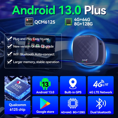 Android 13 CarlinKit Wireless CarPlay AI Box – 8-Core, 64/128GB for Netflix & YouTube