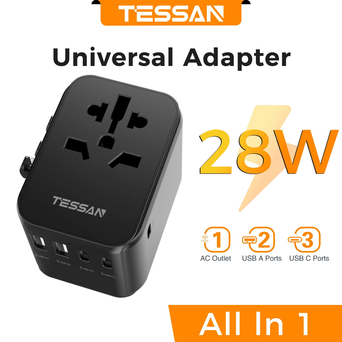 Universal Travel Adapter – 2 USB & 3 Type-C All-in-One Charger