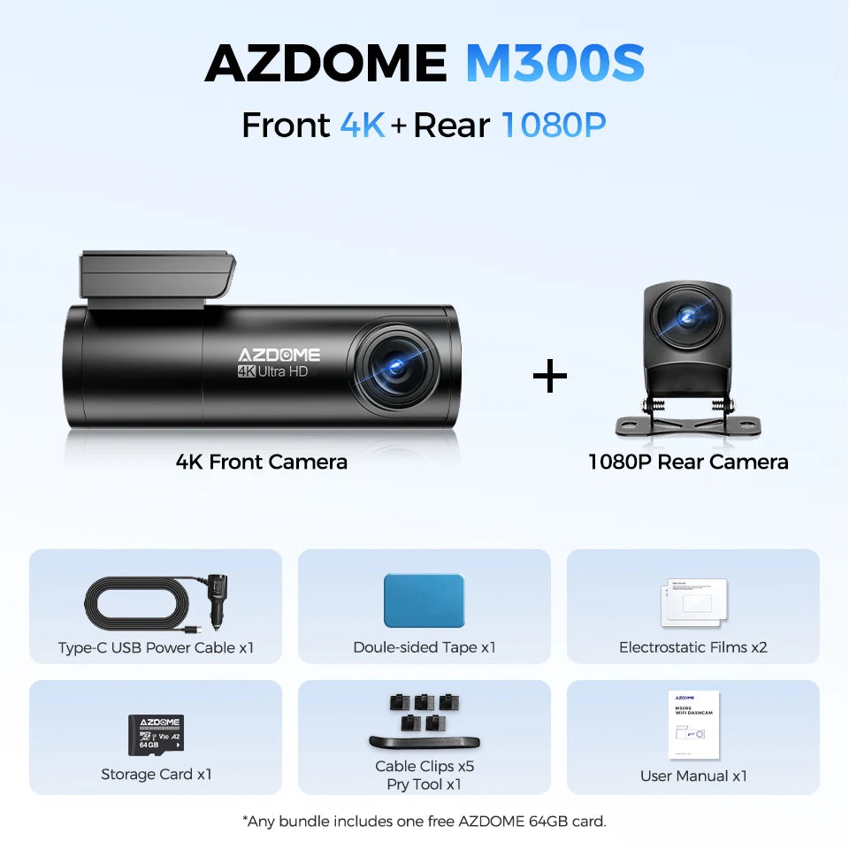 4K+1080P Dash Cam – Rear Camera with GPS, WiFi, Voice Control & Night Vision