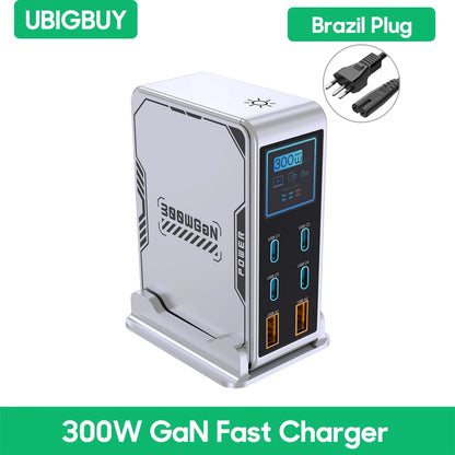 Ubigbuy 300W GaN Charger – 6-Port USB-C PD 100W Fast Charging Station with Display