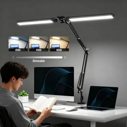 Double Head LED Desk Lamp – Adjustable Eye-Caring Light with Clamp