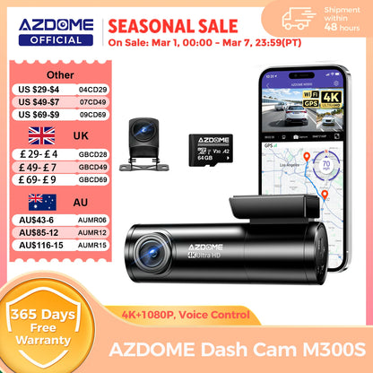 4K+1080P Dash Cam – Rear Camera with GPS, WiFi, Voice Control & Night Vision