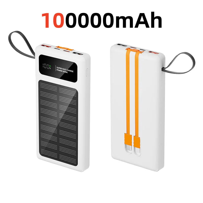 500000mAh Solar Power Bank – 120W Fast Charge with Built-in Cables for iPhone & Android