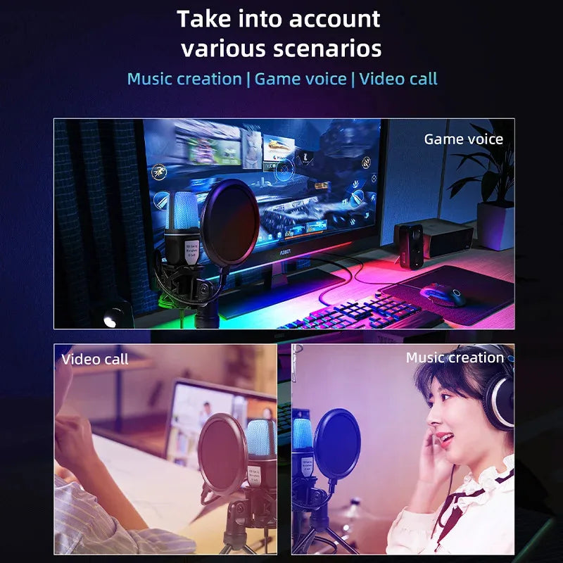 RGB USB Condenser Microphone – Noise Reduction for Gaming, Podcast & Streaming