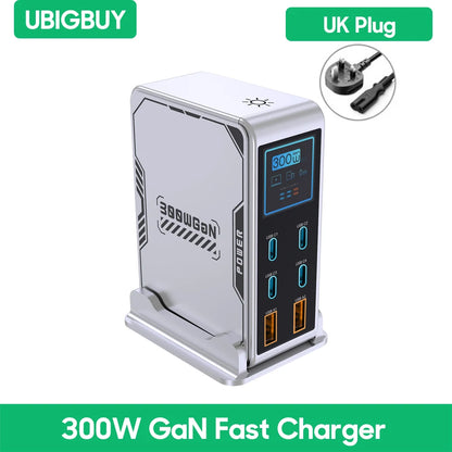 Ubigbuy 300W GaN Charger – 6-Port USB-C PD 100W Fast Charging Station with Display