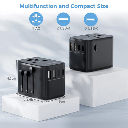 Universal Travel Adapter – 2 USB & 3 Type-C All-in-One Charger