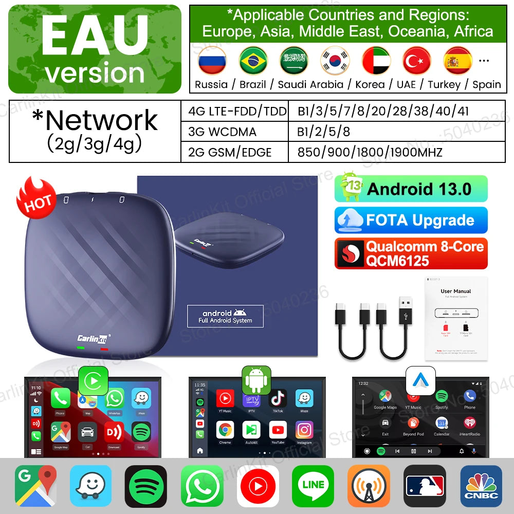 Android 13 CarlinKit Wireless CarPlay AI Box – 8-Core, 64/128GB for Netflix & YouTube