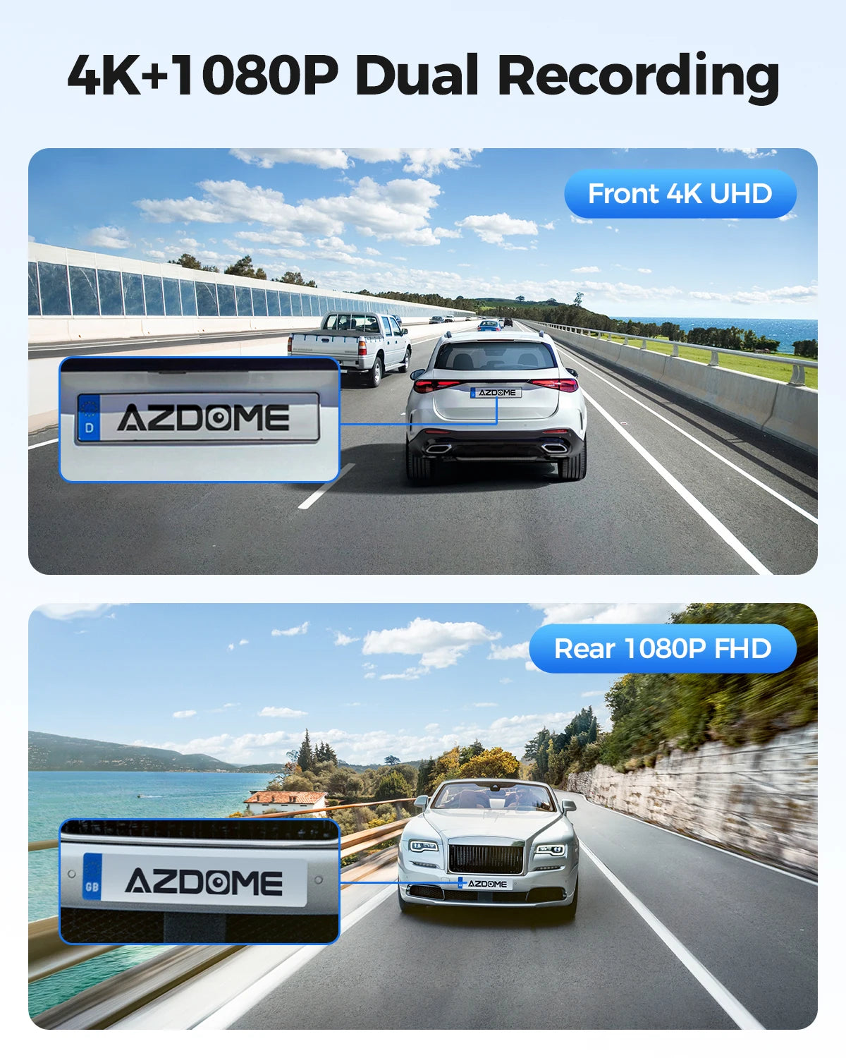 4K+1080P Dash Cam – Rear Camera with GPS, WiFi, Voice Control & Night Vision