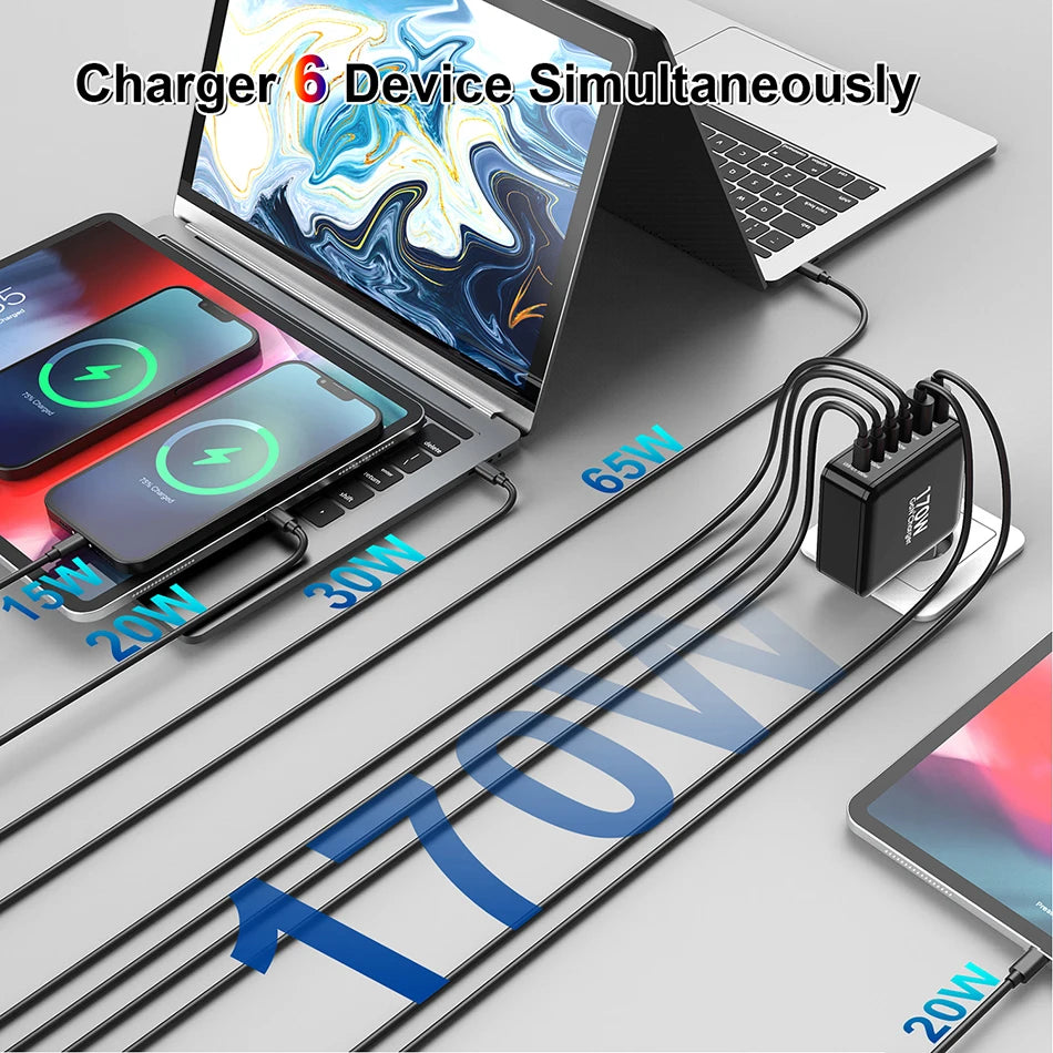 Ubigbuy 170W USB-C GaN Charger – 6-Port Fast Charging Station for MacBook & Phones