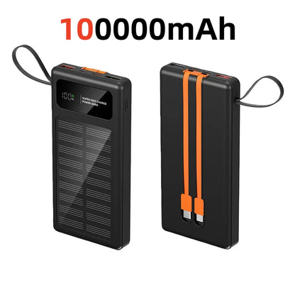 500000mAh Solar Power Bank – 120W Fast Charge with Built-in Cables for iPhone & Android