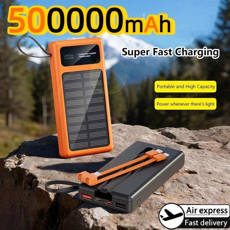 500000mAh Solar Power Bank – 120W Fast Charge with Built-in Cables for iPhone & Android