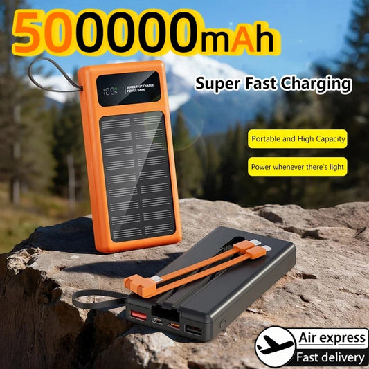 500000mAh Solar Power Bank – 120W Fast Charge with Built-in Cables for iPhone & Android