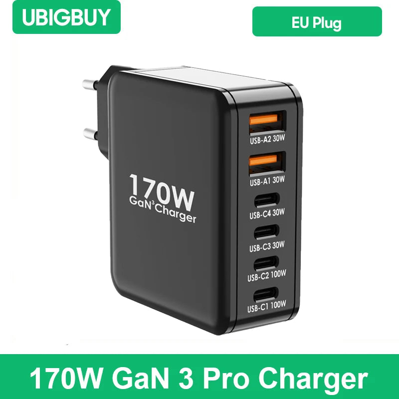 Ubigbuy 170W USB-C GaN Charger – 6-Port Fast Charging Station for MacBook & Phones