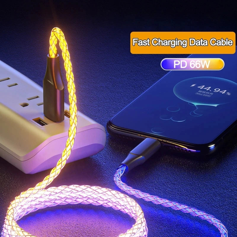 6A Fast Charging RGB Type-C Cable – 66W Luminous Gradient for iPhone & Samsung